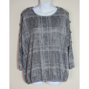 Retrology Womens XL Gray Plaid Long Sleeve Button Detail Pullover Top